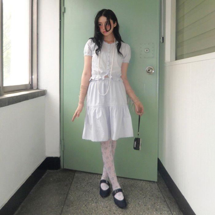 [셋업 선택] 프릴 카라 하프 블라우스_Aqua Lavender