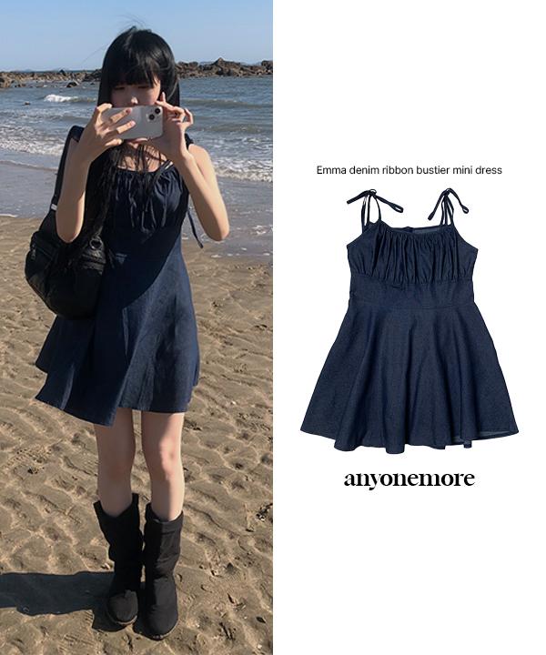 애니원모어 (🚀오늘출발)엠마 데님 리본 뷔스티에 미니 원피스