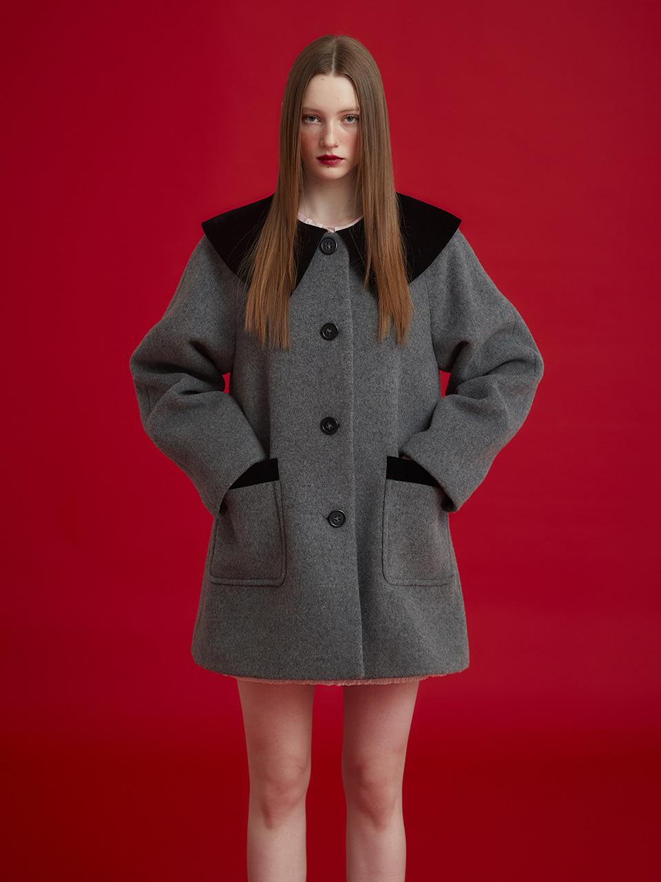 VELVET COLLAR HALF COAT - GRAY