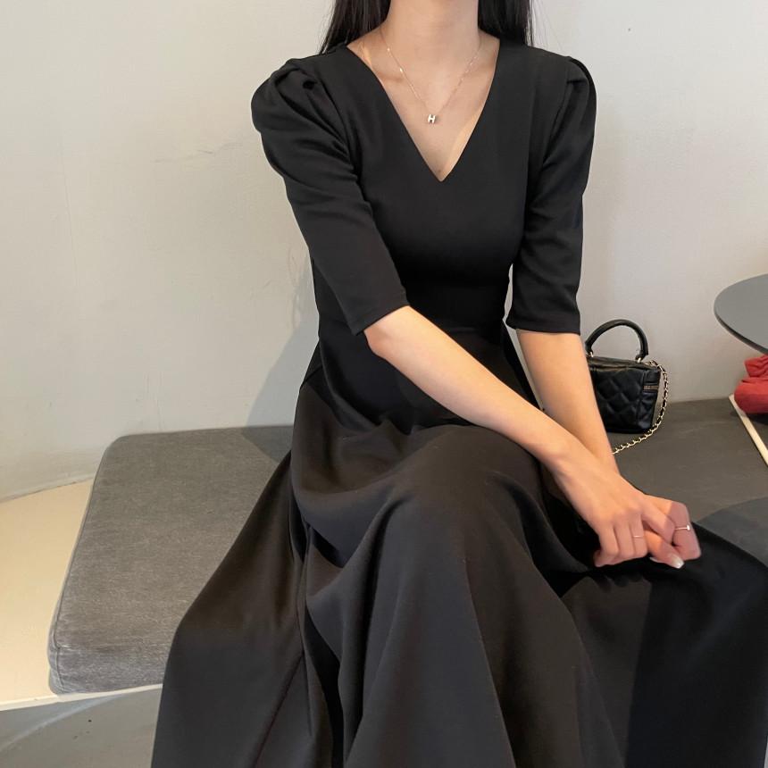 (자체제작)고급 스판 결혼식 하객룩 격식룩 여성 브이넥 롱원피스 블랙 드레스