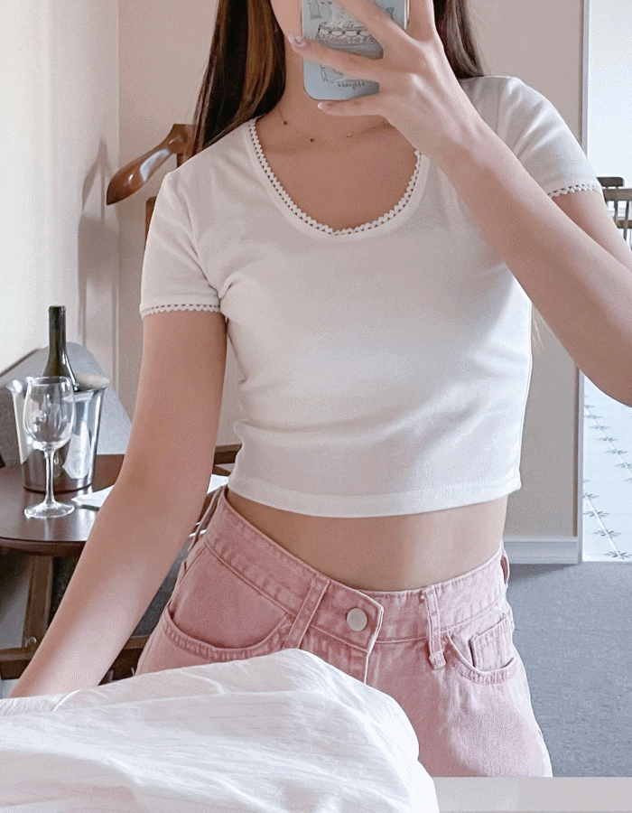 ✨쫀쫀 슬림 착붙✨ 포니 빈티지 레이스 유넥 크롭 반팔티
