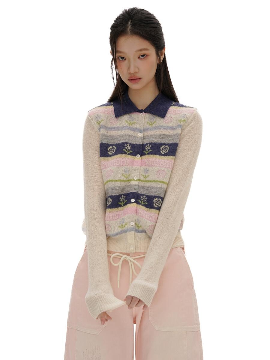 MOROMORO2 Flower Stripe Polo Cardigan