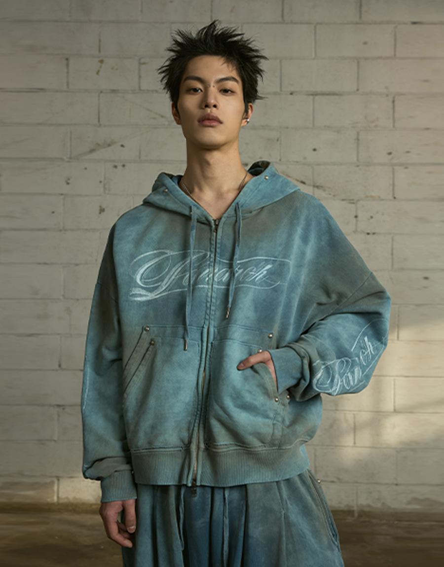 [0112] Vintage Washed Stud Logo Zip-up Hoodie - Dusty Teal
