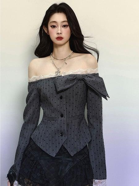 [$69.50]Grey Bow Accent Off-Shoulder Polka-dot Pattern Striped Top