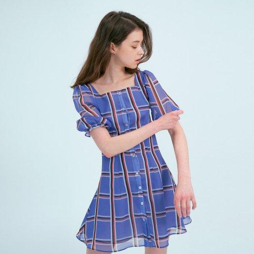 wavy puff square neck dress check purple