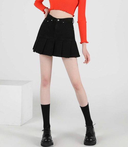 PLEATS DENIM SKIRT BLACK