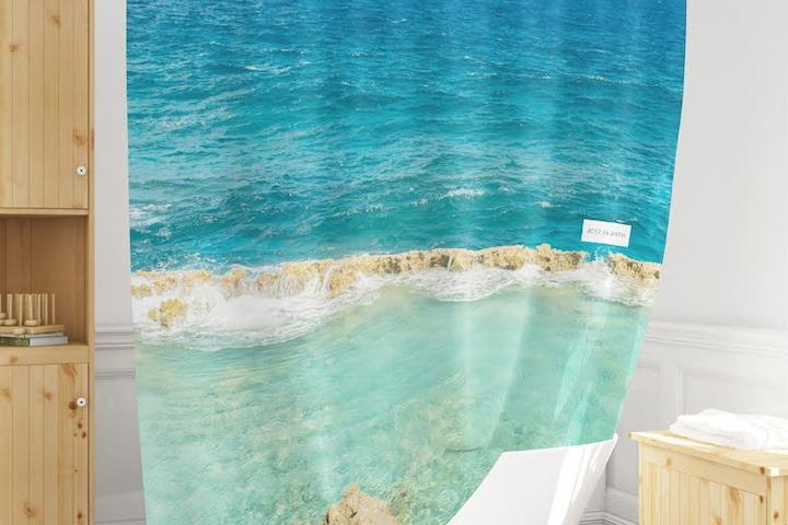 수평선파도 욕실 패브릭 방수 샤워커튼 (메탈집게링 증정)