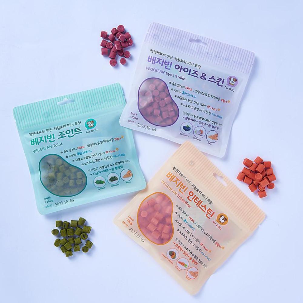 [3+1]로이코 베지빈 3개입 묶음세트 강아지 비건 간식 저칼로리 저알러지 미니 트릿 100gX3