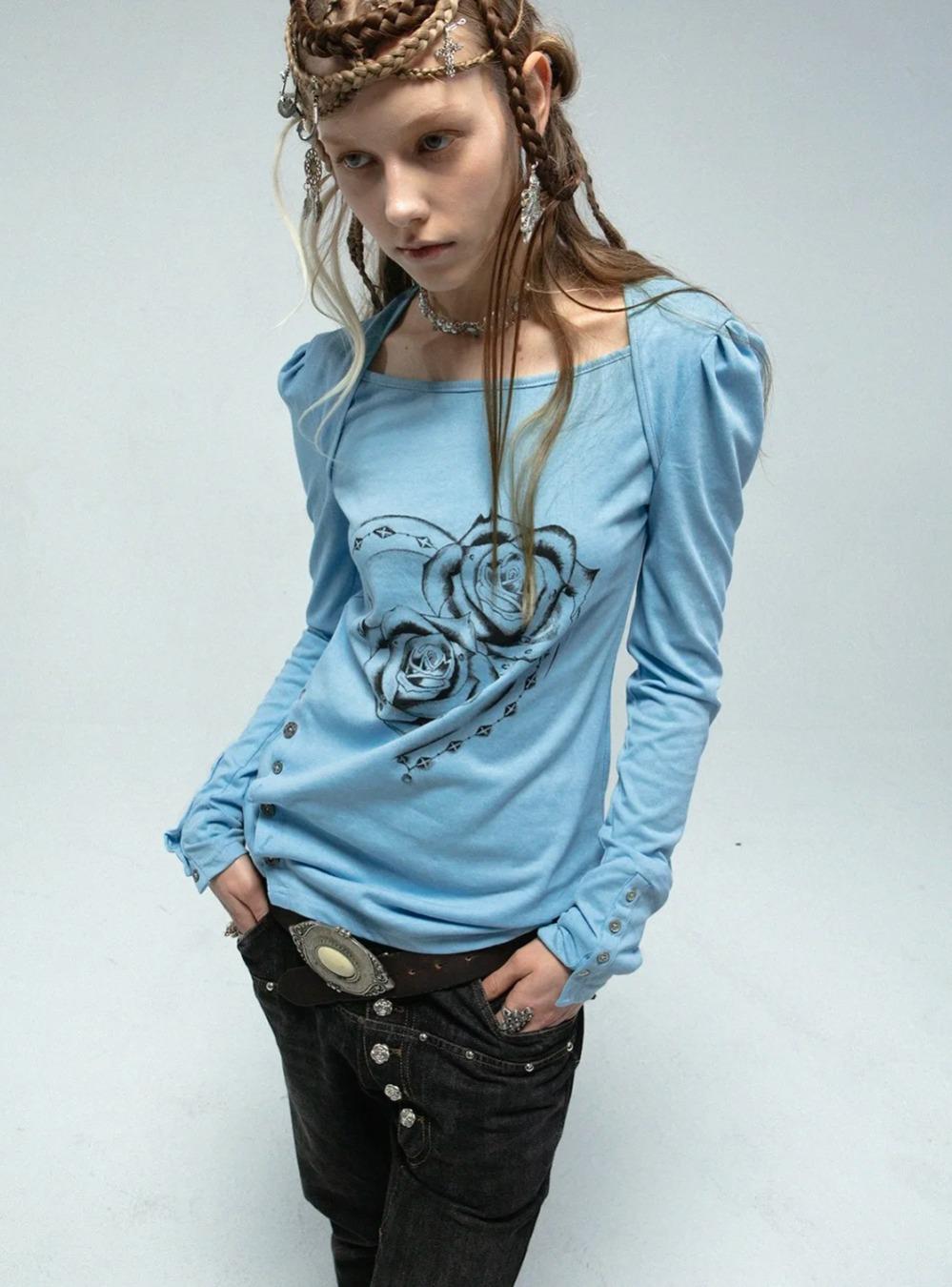 Rose Square Puff Sleeve Long Sleeve T-Shirt (2color)