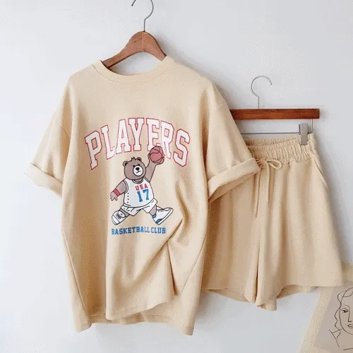 농구베어SET/ 귀여운 곰돌이 프린트 루즈핏 반팔 티셔츠+밴딩 반바지 여름 트레이닝복 데일리 꾸안꾸 추리닝 운동복 체육복 여름휴가 여행 바캉스룩 세트