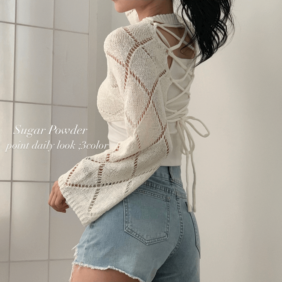 [휴가룩!] 헤이즐 스카시 크로스 끈 크롭니트