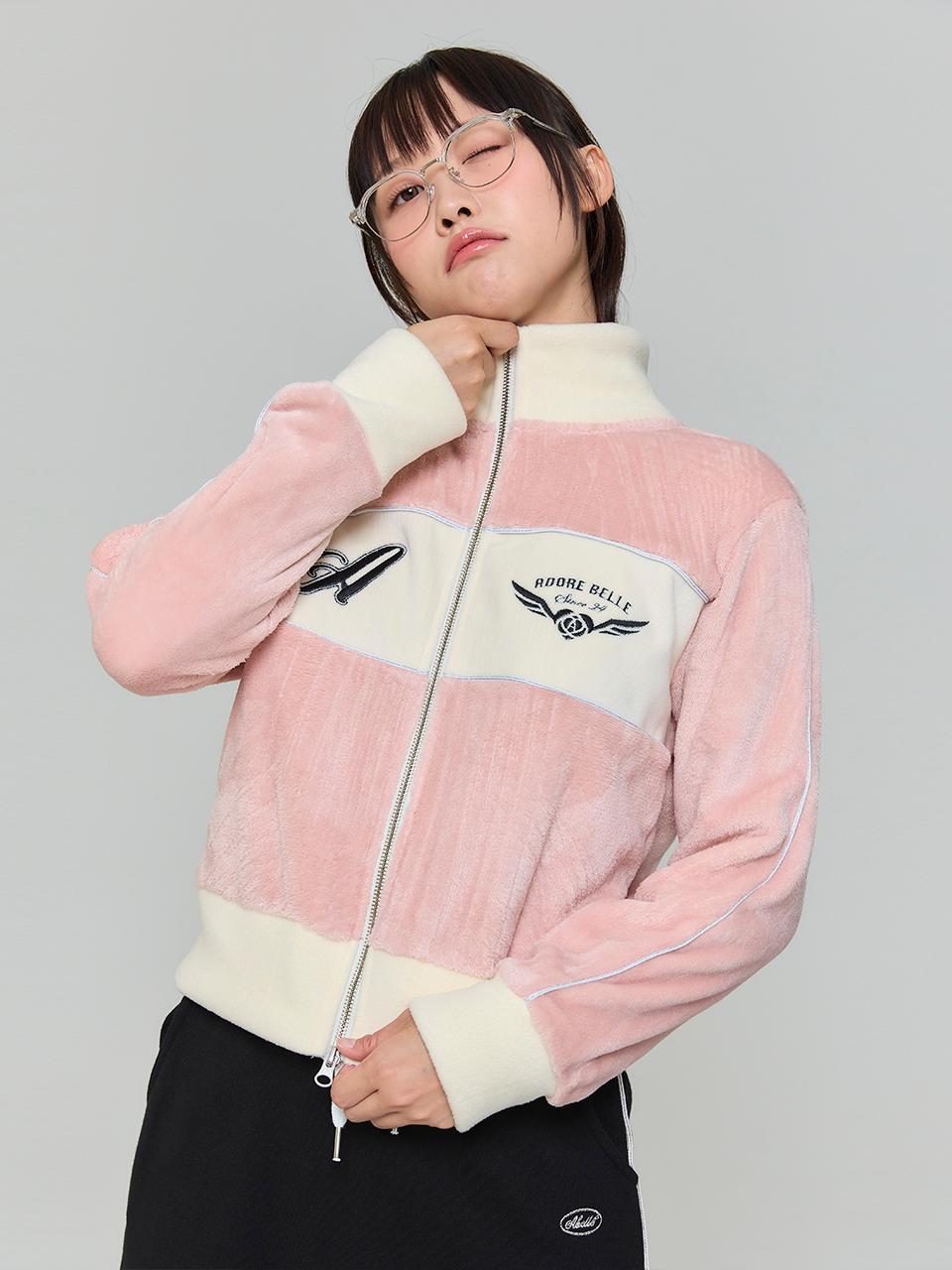 배색 파이핑 퍼 집업 - 핑크( COLOR BLOCK PIPING FUR ZIP-UP - PINK)