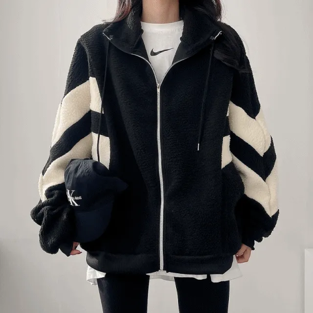 부드러운 양털 후리스 오버핏 두줄 배색 뽀글이 하이넥 집업 점퍼 2color