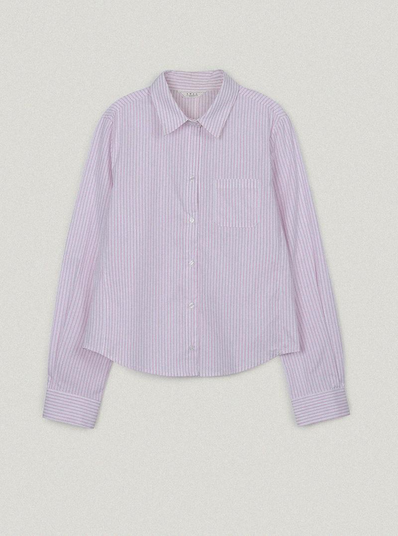 트위 론티 스트라이프 자수 포켓 긴팔 셔츠