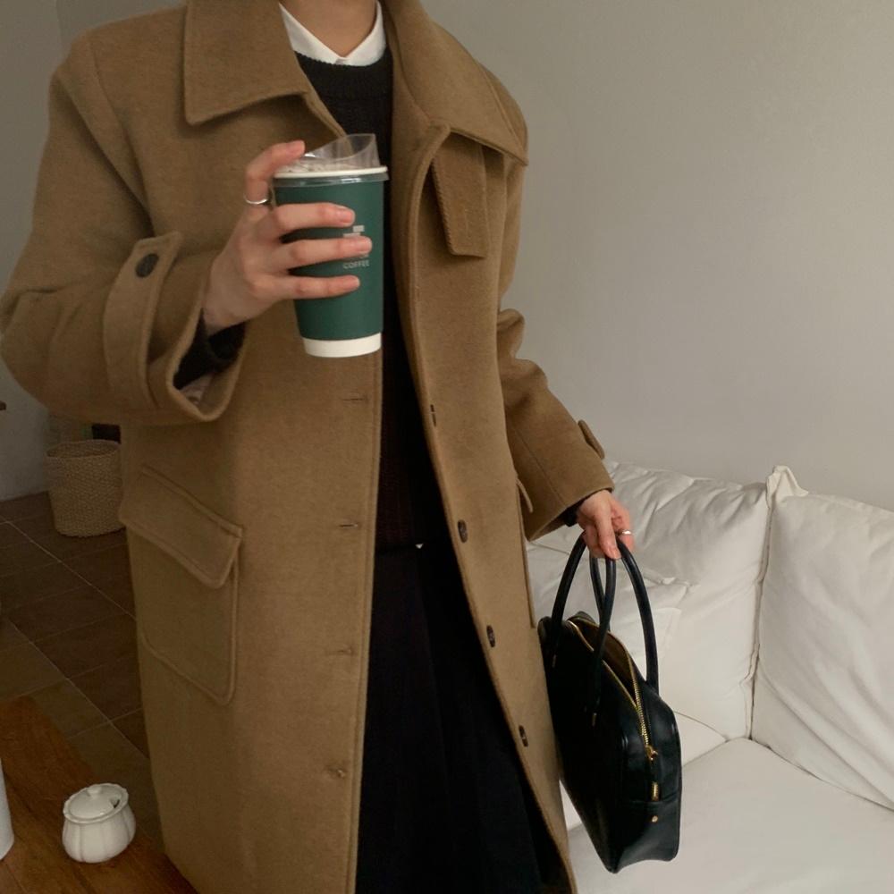 피에 알파카 누빔 하이넥 버튼 루즈핏 겨울 롱 코트