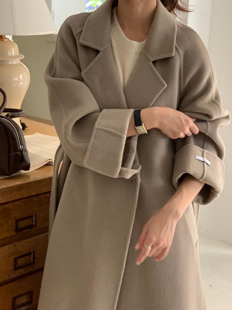 [아이메르]울100 엘라 롱 핸드메이드코트 여자겨울 벨트 키작녀 88사이즈 롱코트