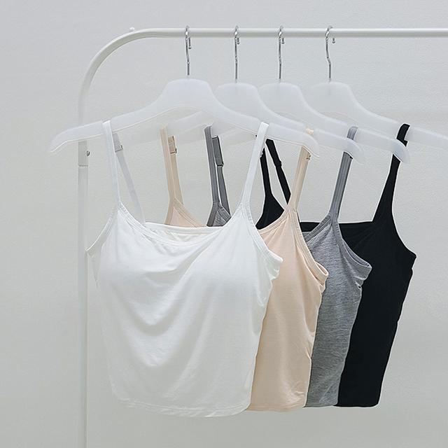 룸제이 [볼륨캡내장💕/어깨끈조절/일체형/이너/레이어드/몸매보정/기본나시/노와이어/노브라/브라렛/부유방커버/쫀쫀/브라탑/이너탑] 오츠 유넥 슬림핏 브라 패드 캡 끈 크롭 나시티셔츠 민소매