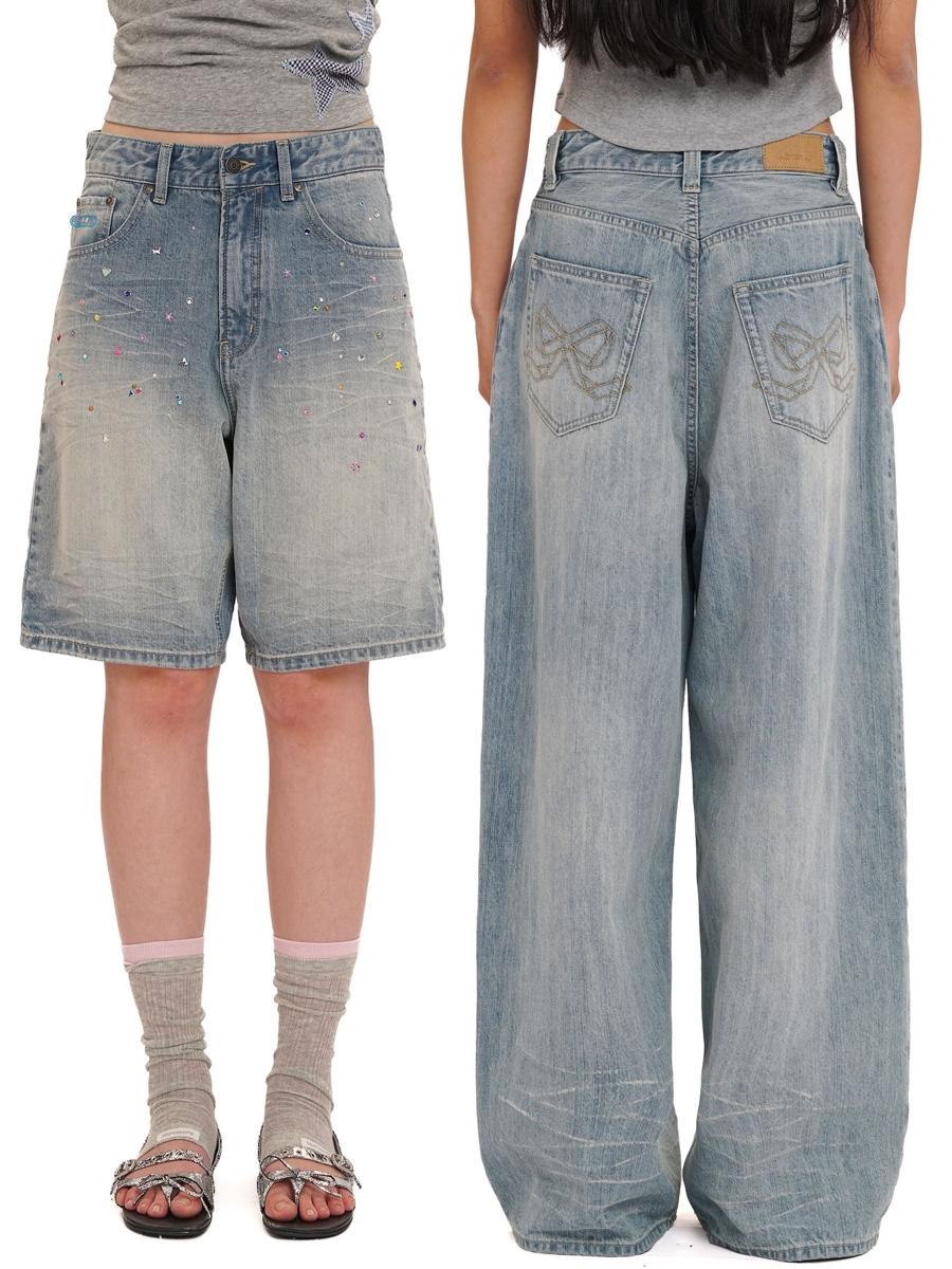 MOROMORO2 Crystal Bow Cat Whisker Denim (2type)