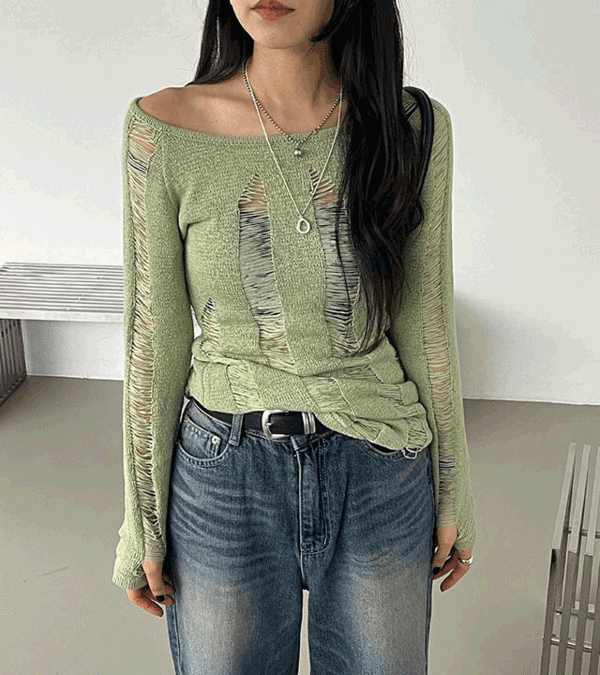 빈티지 데미지 컷팅 시스루니트_그린ver