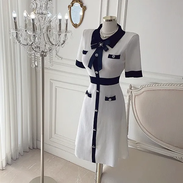 [단아함~핏예쁨💜] 에리쥬 라인 니트 미니원피스 / 결혼식 하객룩 행사룩 데이트룩 파티룩 오피스룩 브라이덜샤워 돌잔치원피스 셀프웨딩 웨딩촬영 여름니트원피스 카라원피스 플레어원피스