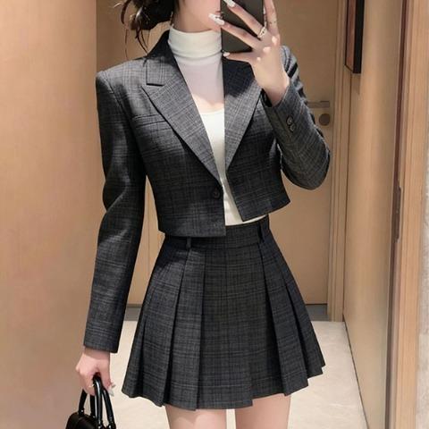 크롭자켓투피스 플리츠스커트세트 체크투피스 힐레이투피스