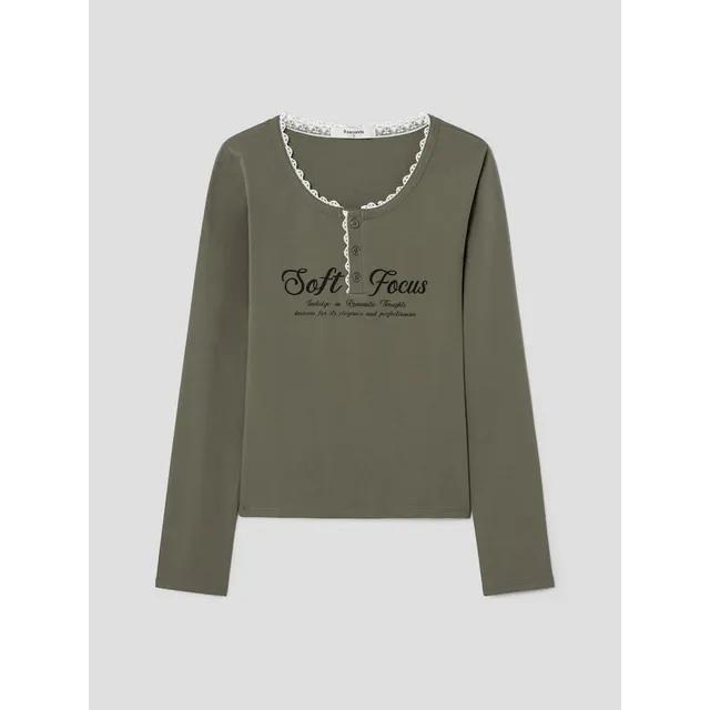 레이스 헨리넥 긴소매 티셔츠 카키 (125941MQ6H) 여성