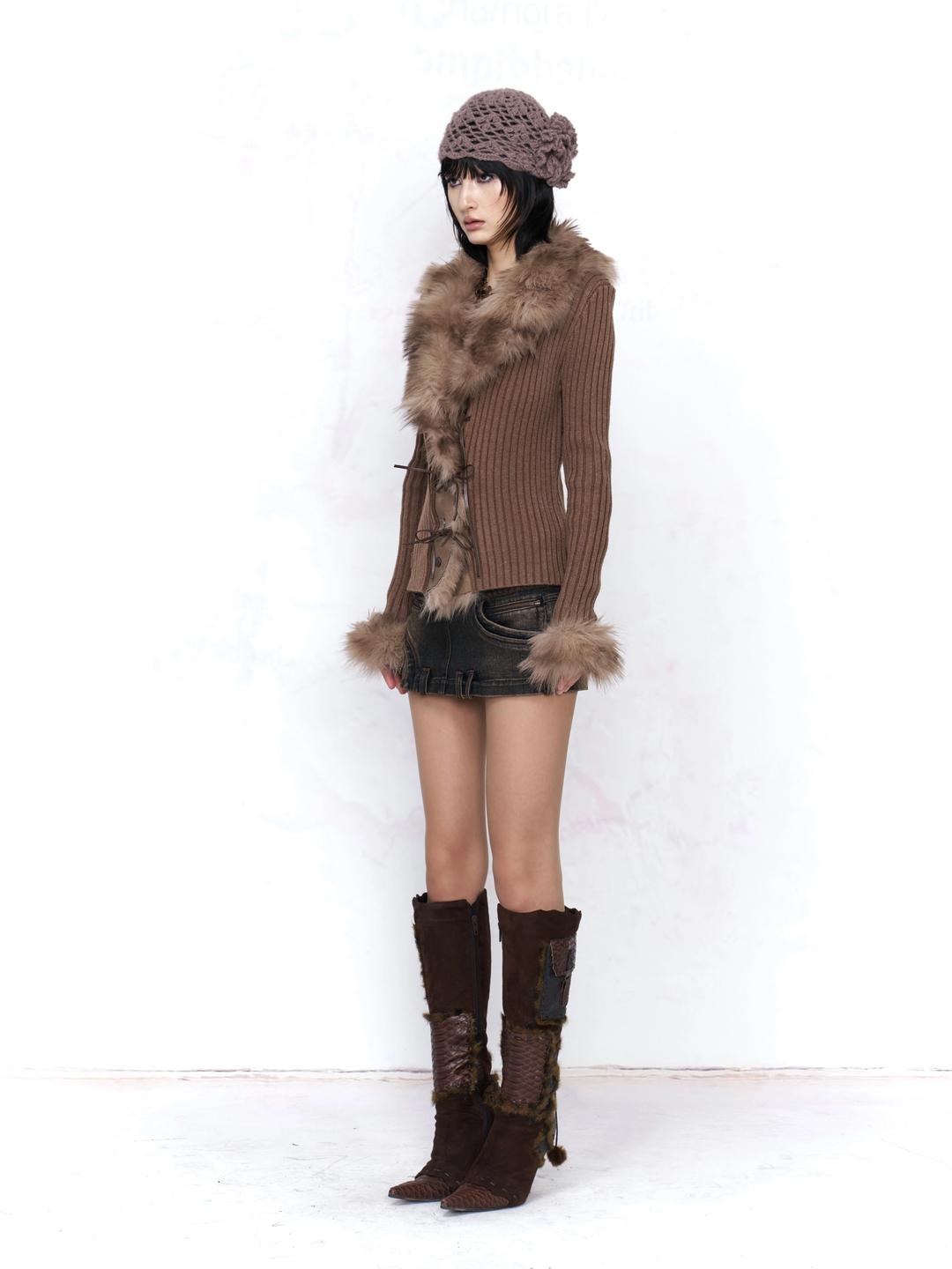 Mocha Frost Faux Fur Trim Cardigan