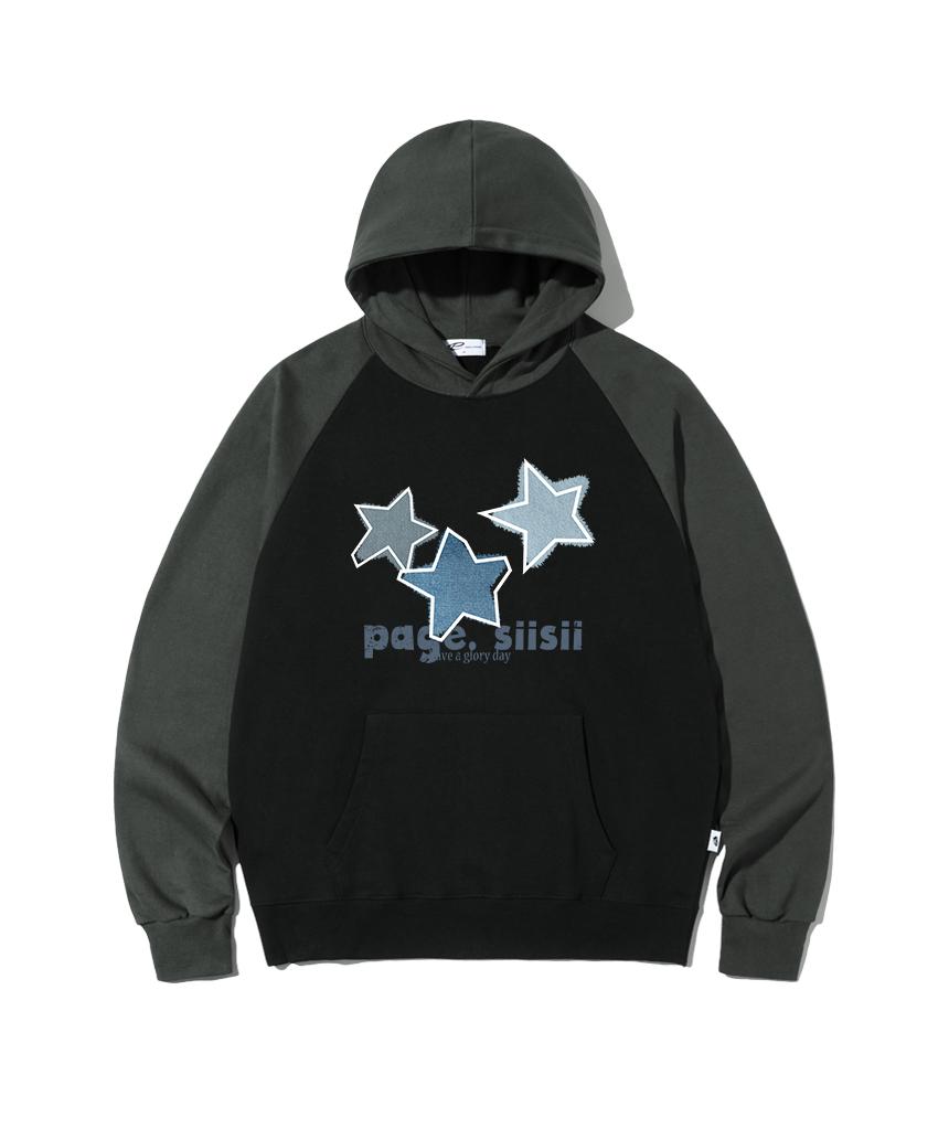 블루 데님 스타 프린트 래글런 배색 후드티 블랙