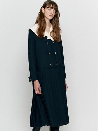 V-ruffled neck pleated dress - Navy