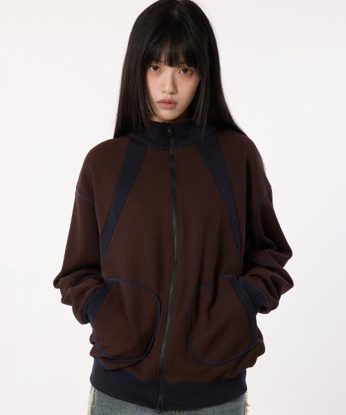 와플 배색 절개 집업 [브라운]