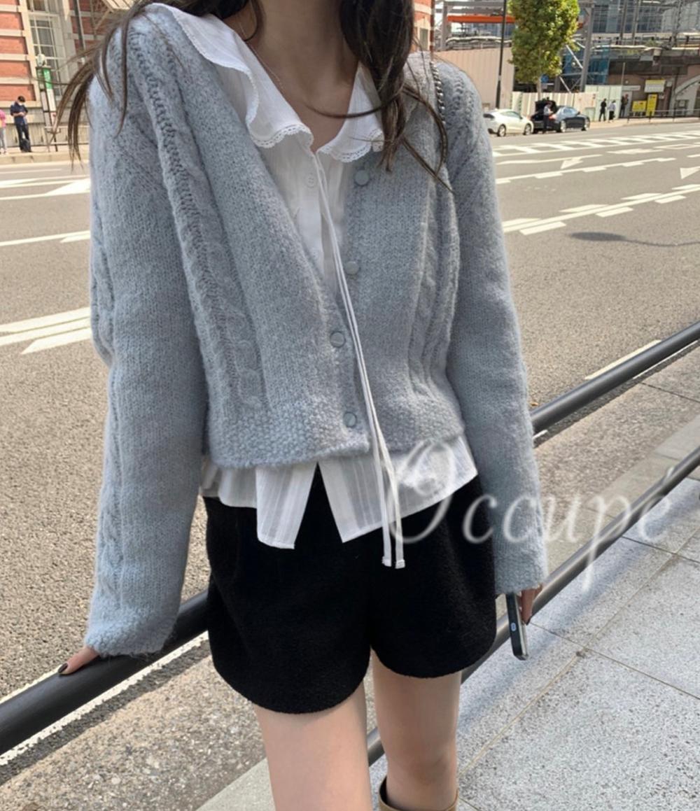 오큐페 멜라운지 파우더 케이블 가디건 (3col) mellounge 울 꽈배기가디건