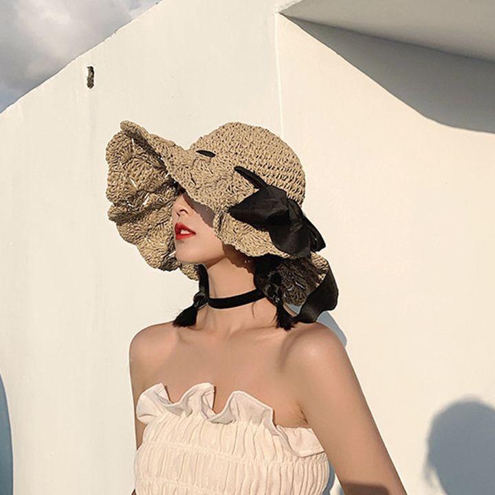 와이드챙 심플 왕리본 여성벙거지모자 여름 챙넓은 중년여자 왕골 버킷햇