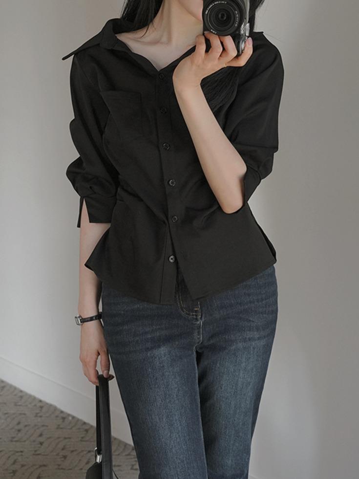 [1천장 돌파✨][무료배송] [26SS/잘록허리핏] [44-120] 드베르텐 오픈카라 셔링 7부 셔츠 블라우스 (신상-봄-하객룩-출근룩-데일리룩-빅사이즈-120사이즈-자체제작-7부소매-카라블라우스-페미닌-트임소매-여리블라우스)