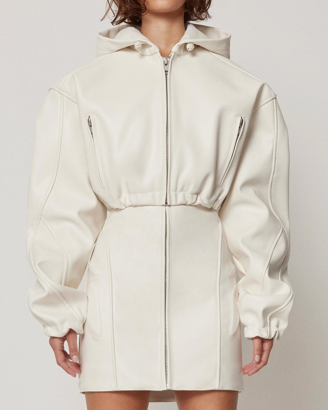 Faux Leather Cropped Hooded Jacket | Chalk - S