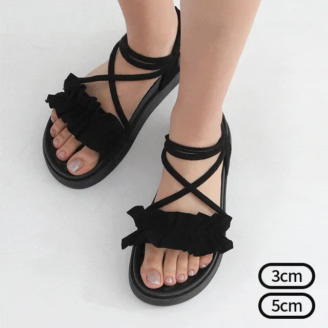 🧡당일출고🧡두가지소재 프릴 크로스 스트랩 플랫&통굽 샌들 L-7101