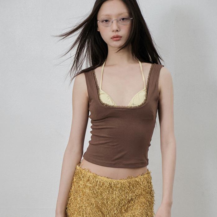 LVETONG 복고풍 스퀘어칼라 레이스 크롭 나시 브라 투피스