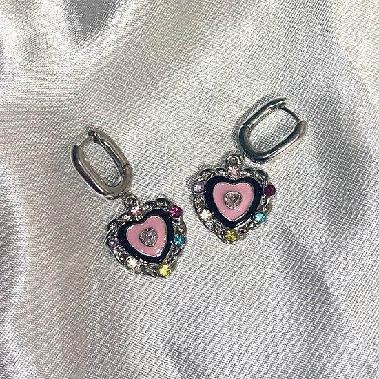 키치 러블리 핑크 하트 생크림 케이크 큐빅 드롭 링 귀걸이 💓