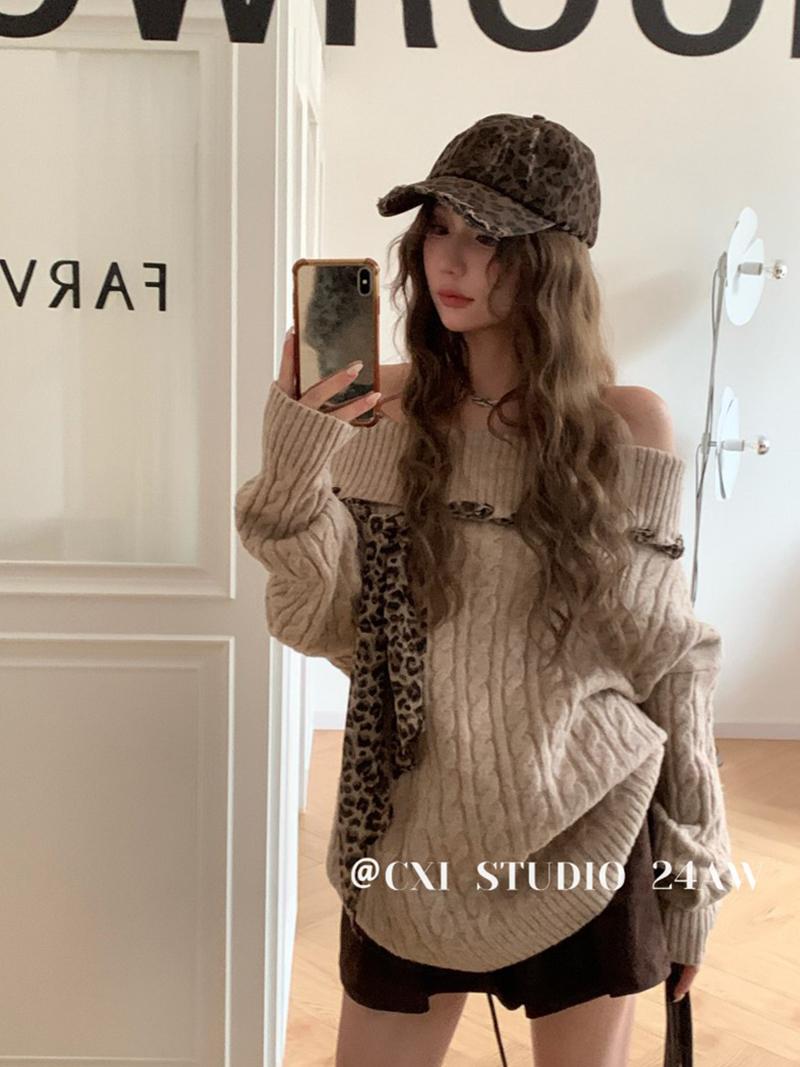 Leopard Strap Connect Off Shoulder Long Knitted Sweater (2Color)