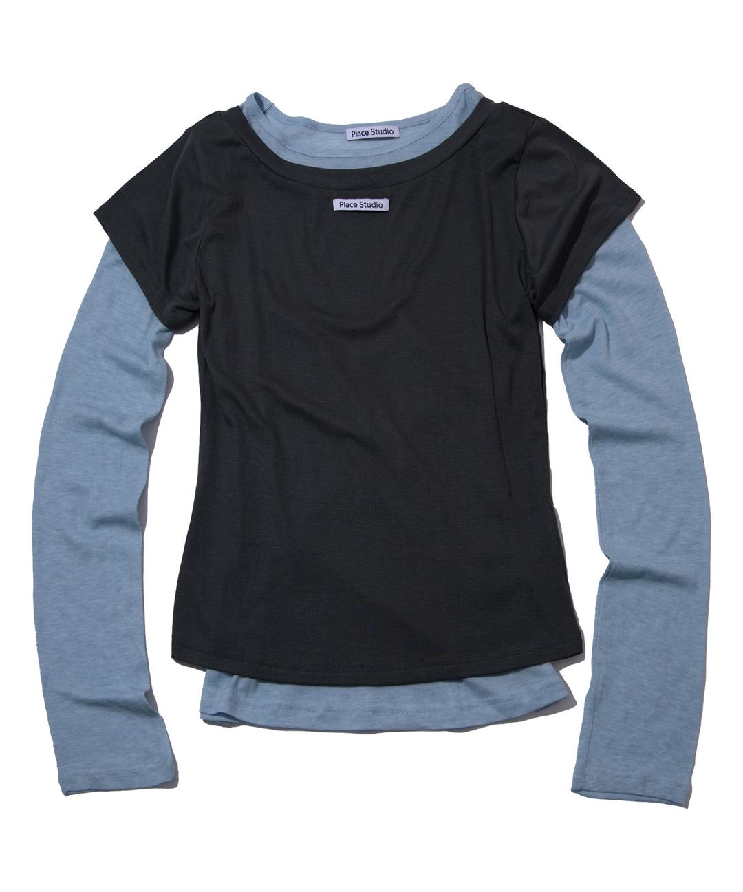 All-in-one unbalanced double-color layered long-sleeve tee set_4COLOR