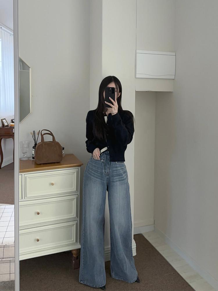 [자체제작/당일] 캣워싱 립포켓 와이드 롱 데님 (S/M)