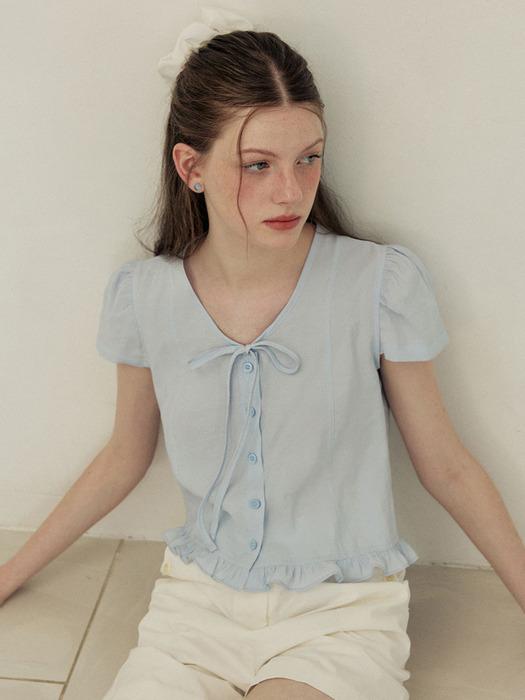 Puff button ribbon half sleeve blouse - sora
