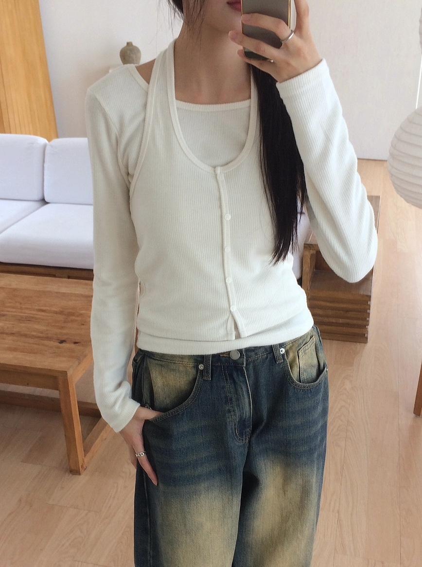 모브앤로지 기모 홀터 나시 레이어드 골지 니트티 세트 (3color)