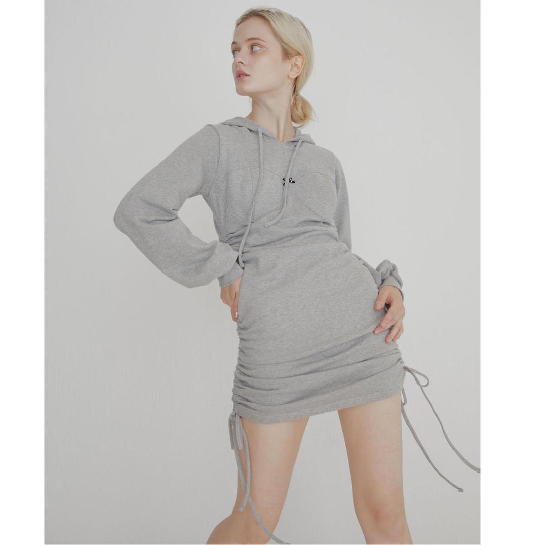 rhinestone ribbon gather hoodie onepiece（2color）