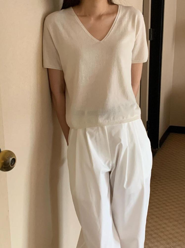 br 브런치 로웰 브이넥 반팔 니트