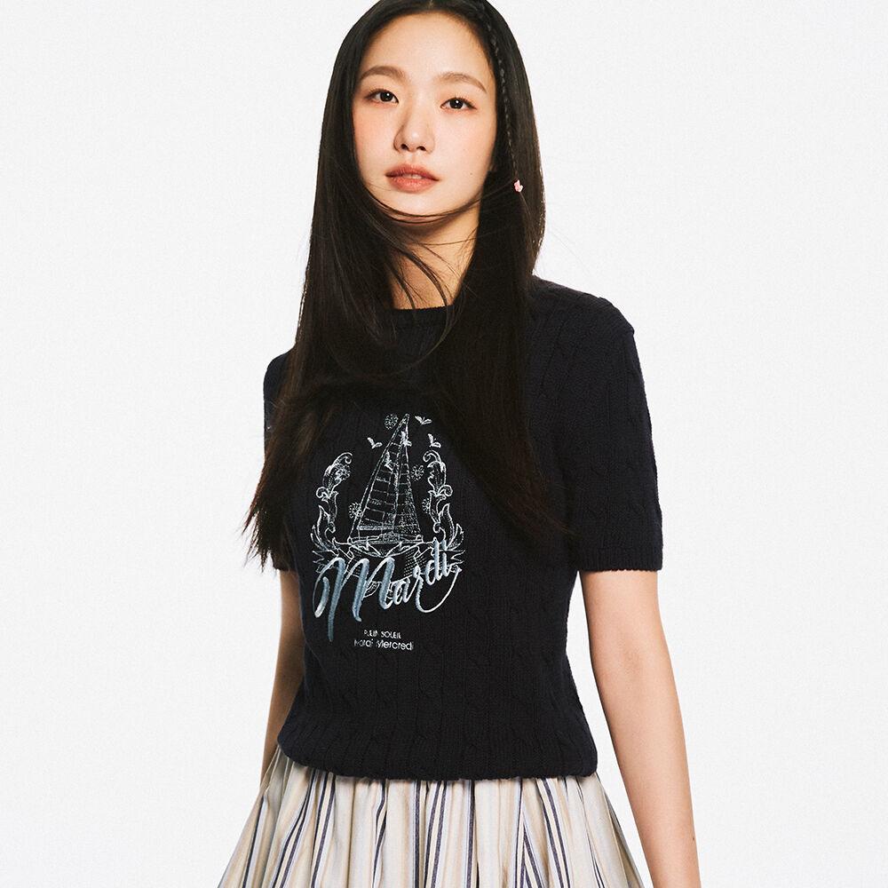 CABLE KNIT HALF SLEEVE BON VOYAGE_NAVY SKY