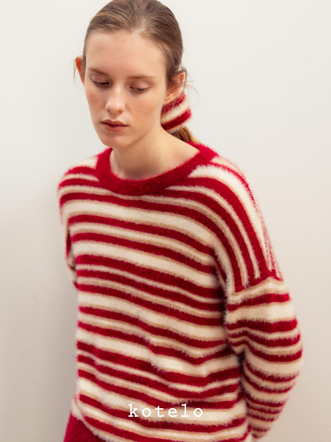 Color Point Stripe Pullover - Wine Stripe