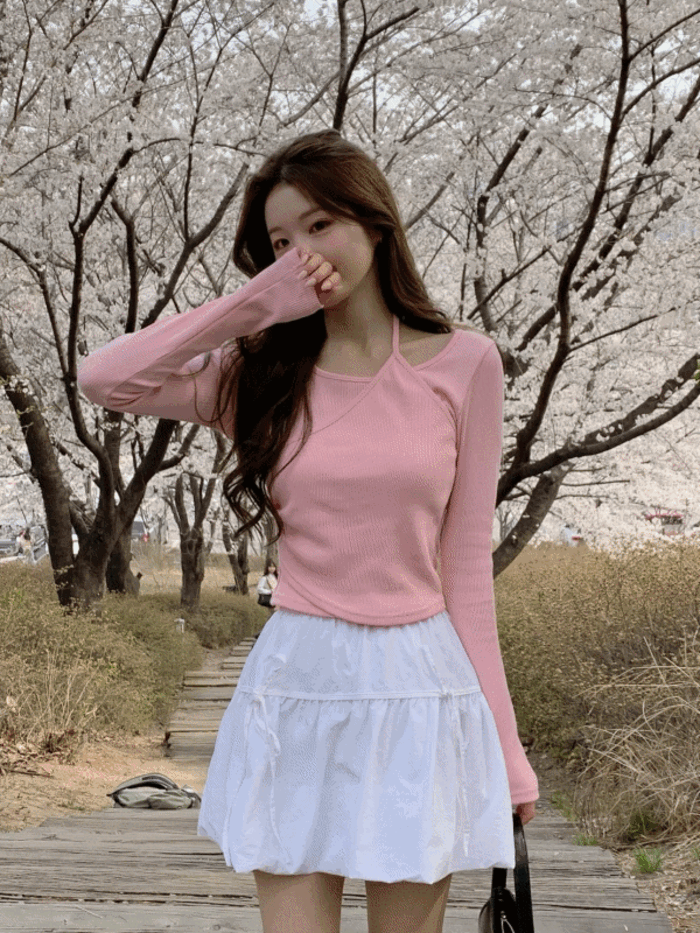 (벚꽃룩🌸)(핑크,소라단독✨) 스틴 여리핏 랩 홀터넥 골지 크롭 티셔츠 (6color)