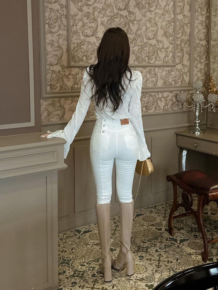 그웬 백버튼 기모 스키니진 2col 하이웨스트 스판 쫀쫀 날씬핏 44사이즈 유니크 겨울