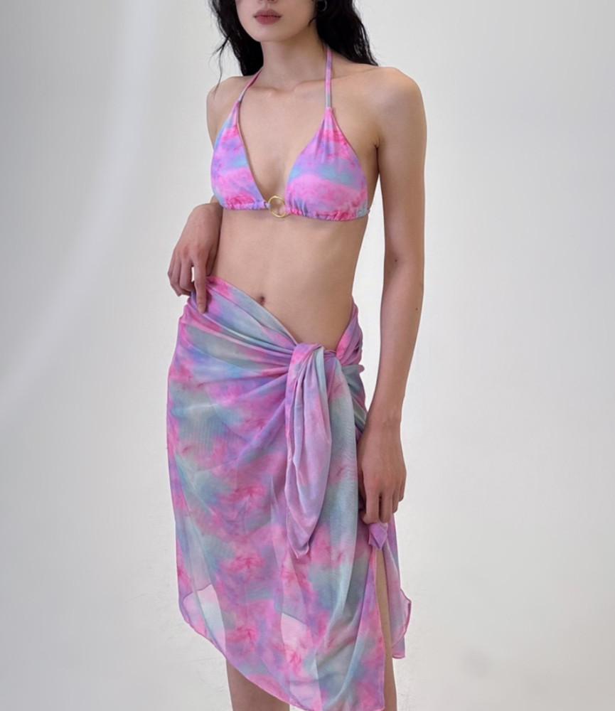 (무료배송) 핑크 타이다이 비키니 랩스커트 세트 커버업 3피스