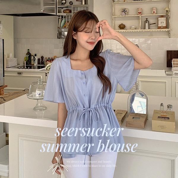 핫핑 [여름원단/구김ZERO][MADE] 루엘리 시어서커 스퀘어넥 스트링 윙소매 반팔 블라우스(44~110) (여름블라우스-플레어소매-체형커버-루즈핏-출근룩-하객룩)